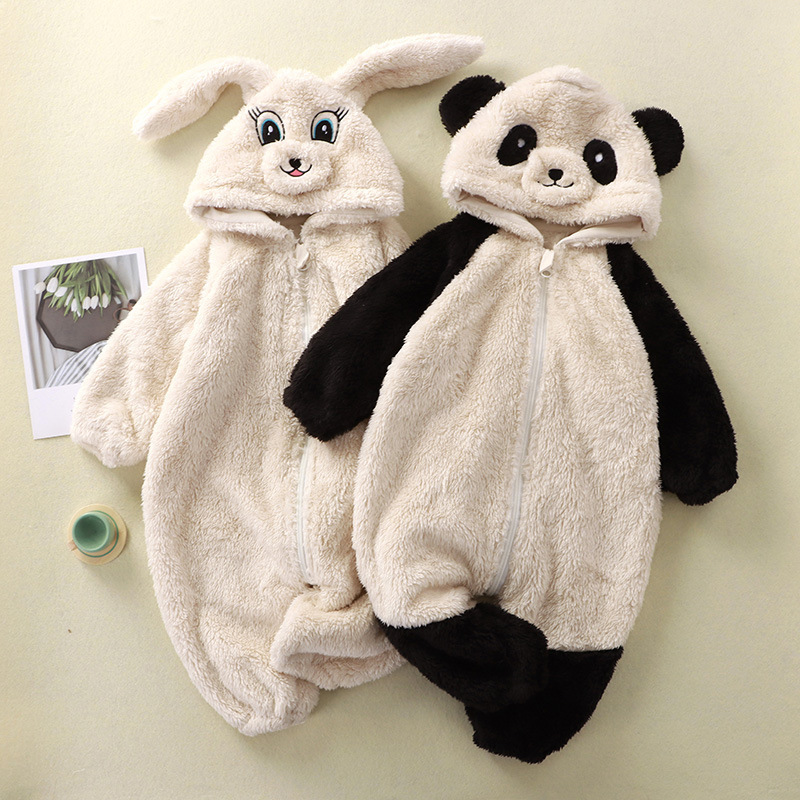 Baby Boy/Girl Cute Panda/Rabbit Design Solid Color Fluff Long Sleeve Hooded Romper-kissminis