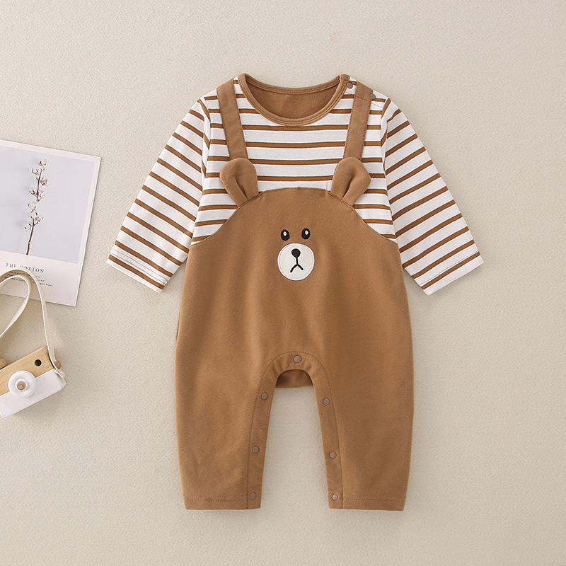 Baby Boy/Girl False Two Piece Bear Embroidery stripe Light Brown Long Sleeve Romper-kissminis