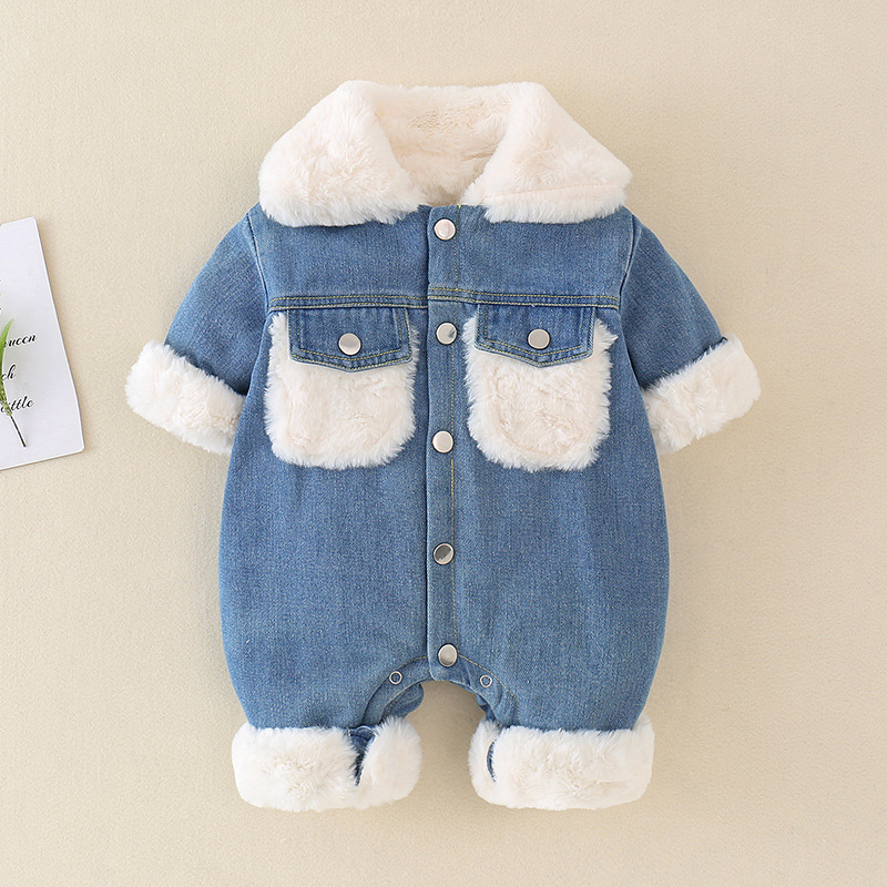 Baby Boy Winter Denim Single Breasted Long Sleeve Fluff Romper-kissminis