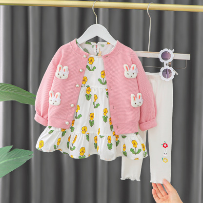 3pcs Cardigan +Dress+Knit Pants Baby Girl Rabbit and Floral Graphics