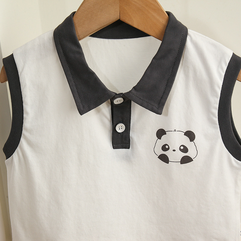 Sleeveless Polo Top with Panda Embroidered Detail Shorts Set