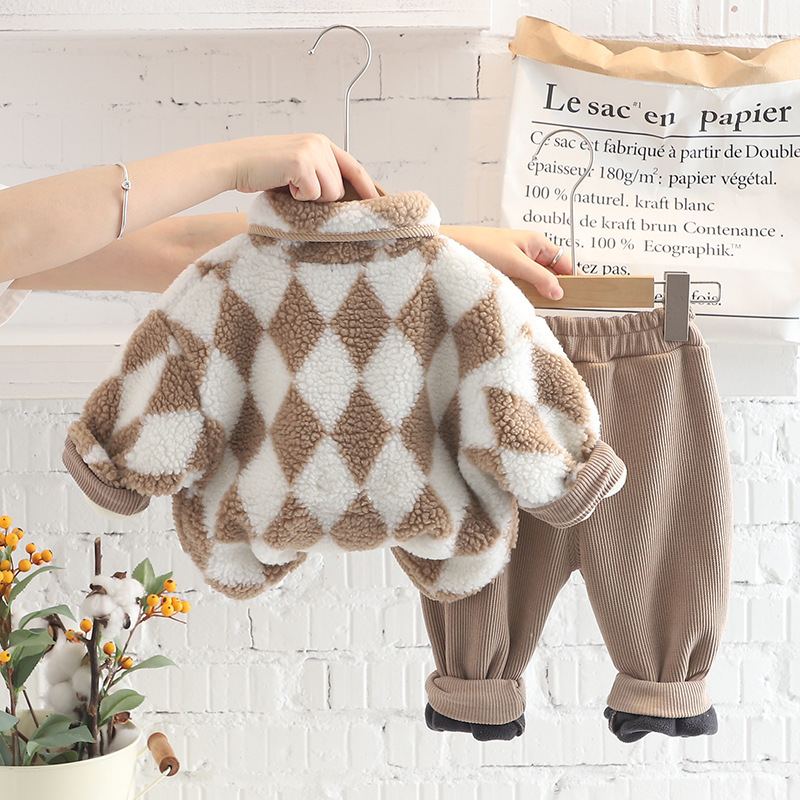 Winter Fleece 2pcs Toddler Diamond Pattern Sweatshirt and Pant Set-kissminis