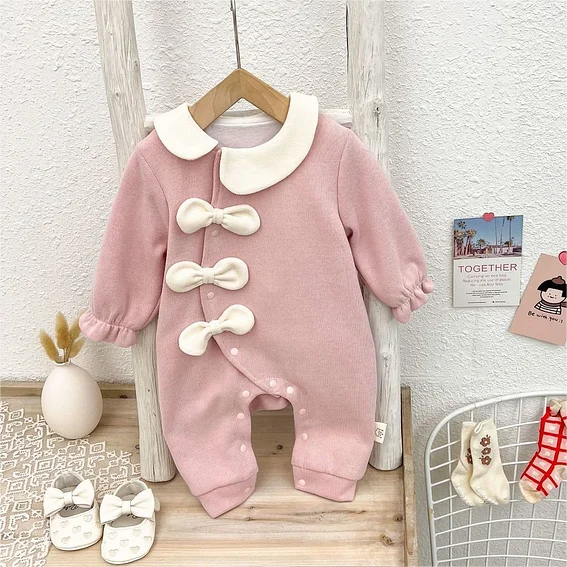 Baby Girl Bow Tie with Lapel Collar Long Sleeve Romper with Hat-kissminis