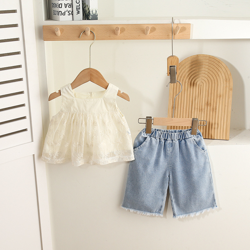 White Sleeveless Lace Adorned Top and Blue Denim 2PCS Shorts Set