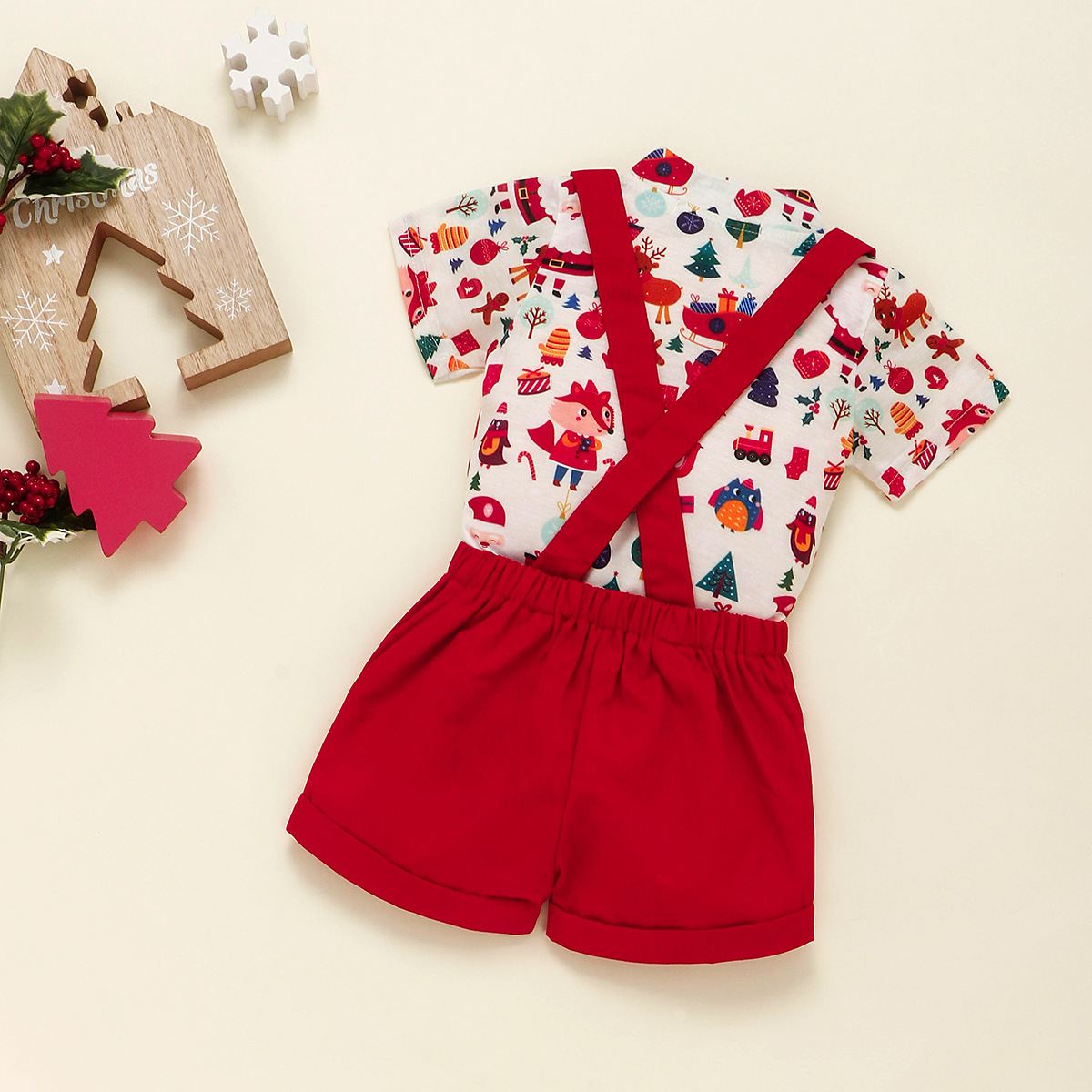 2pcs Baby Boy Christmas Cartoon Print Bow Tie Short Sleeve Romper with Bib Pants Set-kissminis