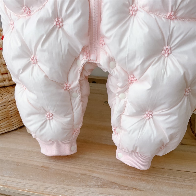 Baby Girl Winter Solid Color Floral Graphics Long Sleeve Hooded Fluff Romper-kissminis