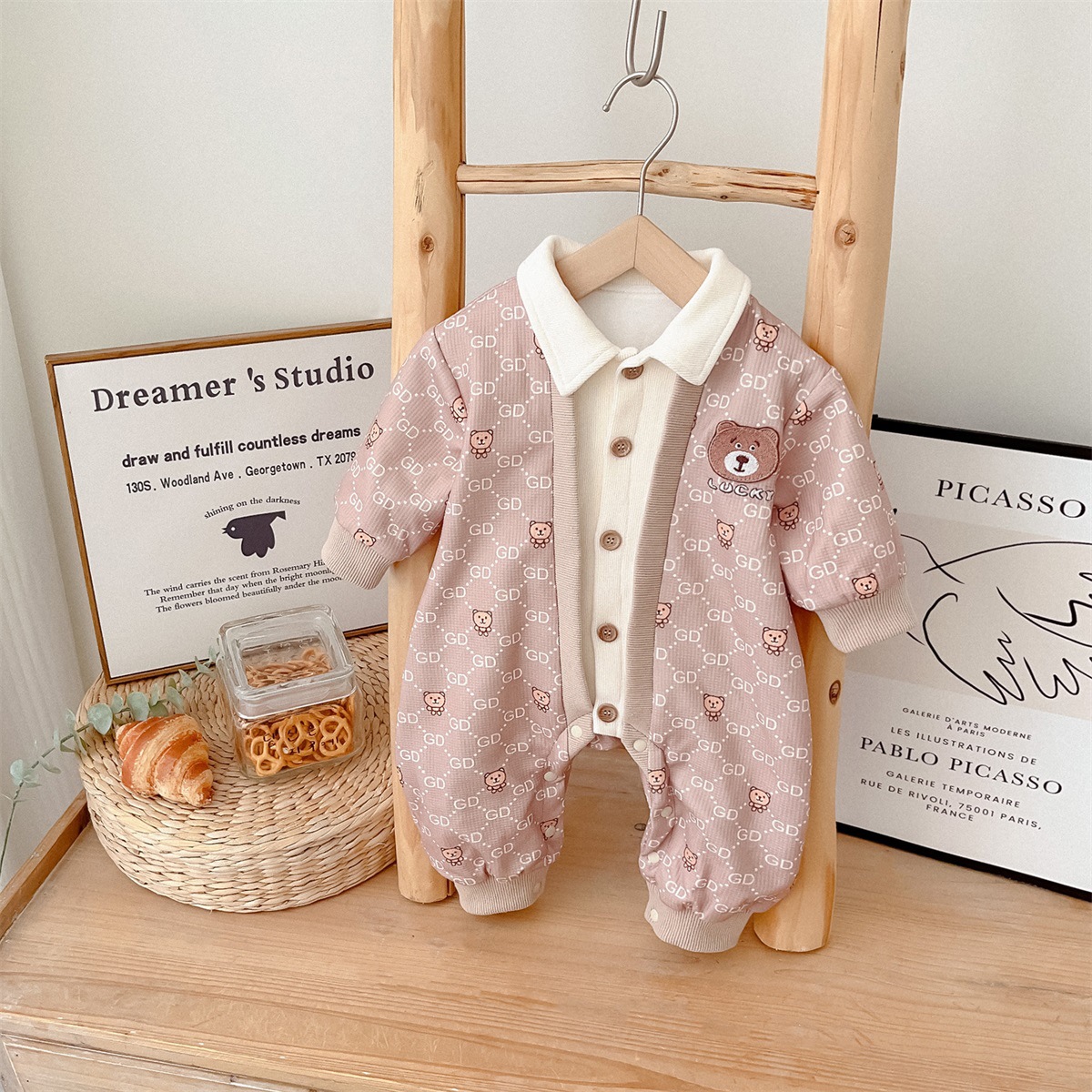 White Collar Bear Pattern, Button Front Design Romper