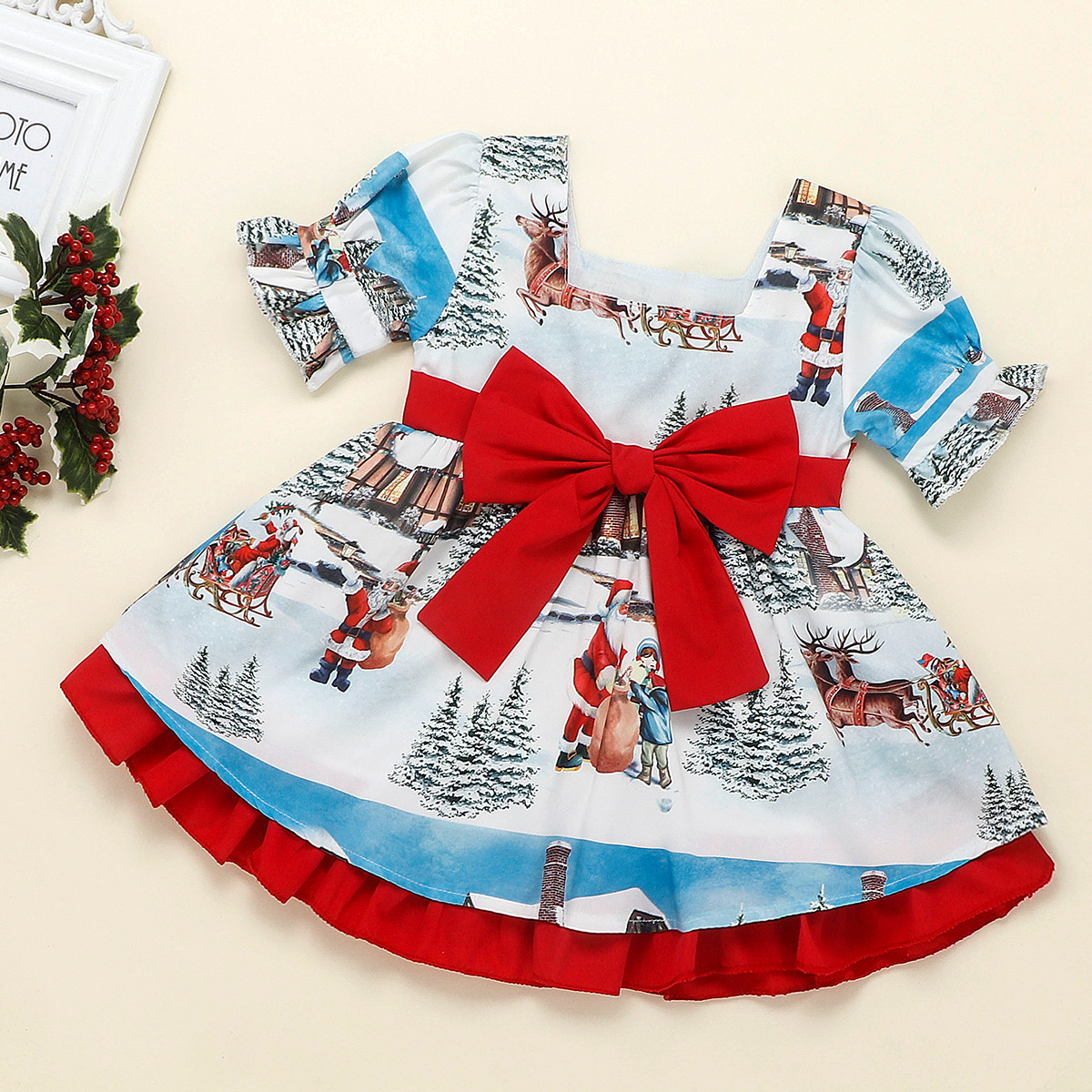 Baby Toddler Girl Christmas Cartoon Print Bowknot Short Sleeve Dress-kissminis