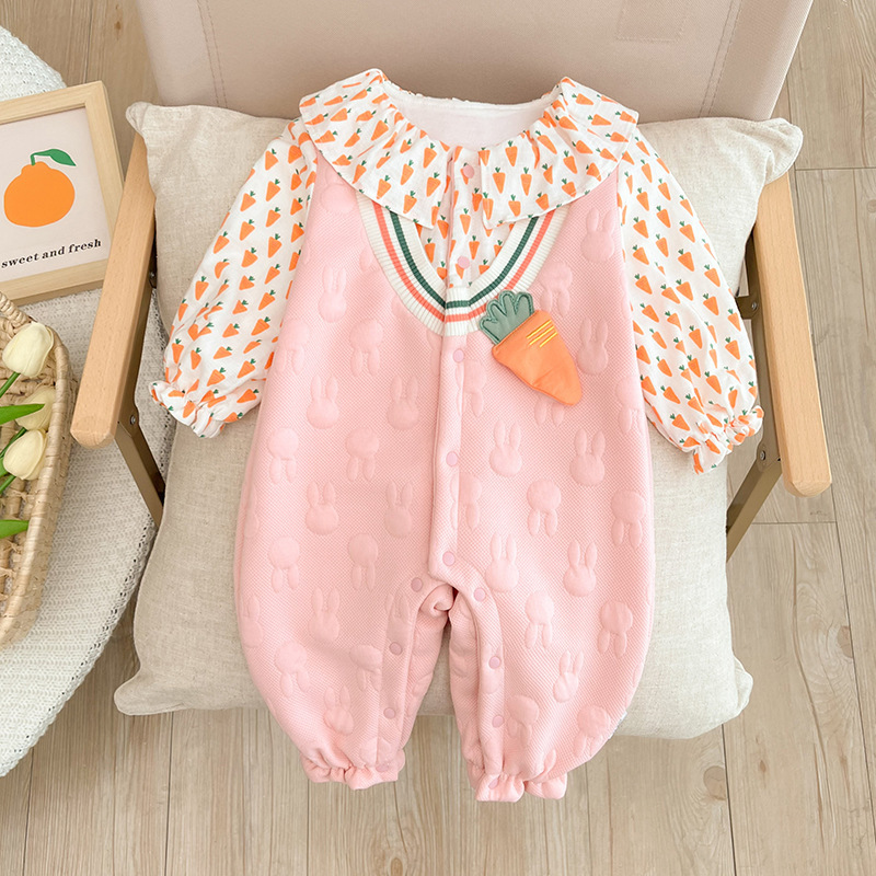 Baby Girl Cute Carrot and Allover Rabbit Pattern Fake Two Pieces Long Sleeve Romper-kissminis