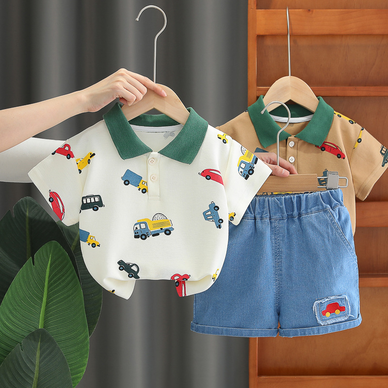 2pcs Vehicle Print Shirt with Green Collar Polo Short Sleeve Shorts Set
