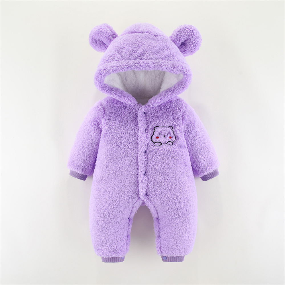 Baby Boy/Girl Winter Thicken Bear Patch Long Sleeve Fluff Hooded Romper-kissminis