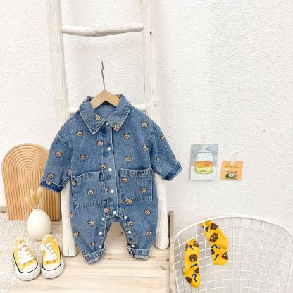 Baby Boy Allover Bear Print Polo Collar Pocket Decor Long Sleeve Botton Up Casual Denim Romper