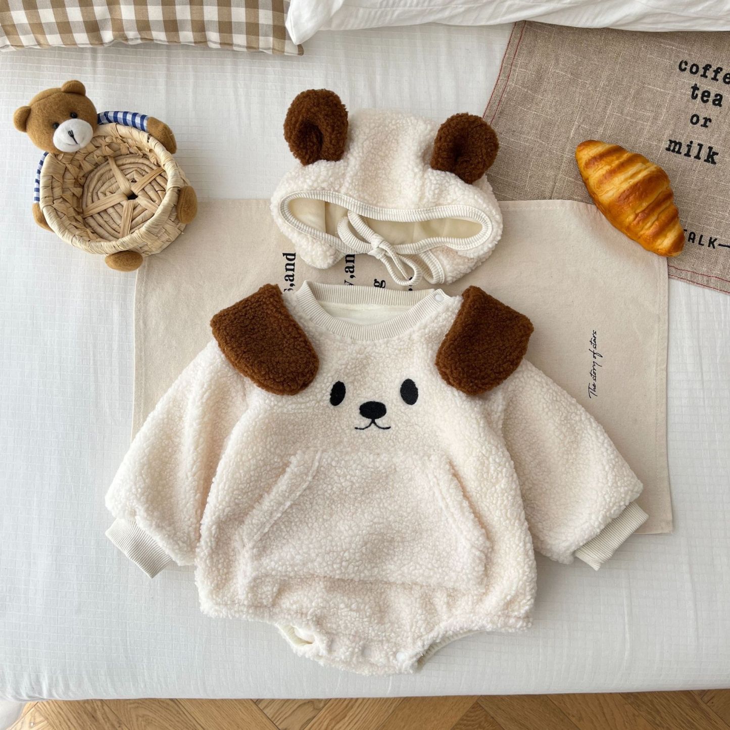 Baby Boy/Girl Cute Dog Design Long Sleeve Bodysuit and Hat Set-kissminis