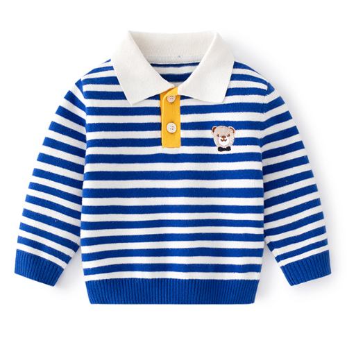 Toddler Boy/Girl Cute Bear Print Polo Collar Striped Long Sleeve Sweatshirt-kissminis