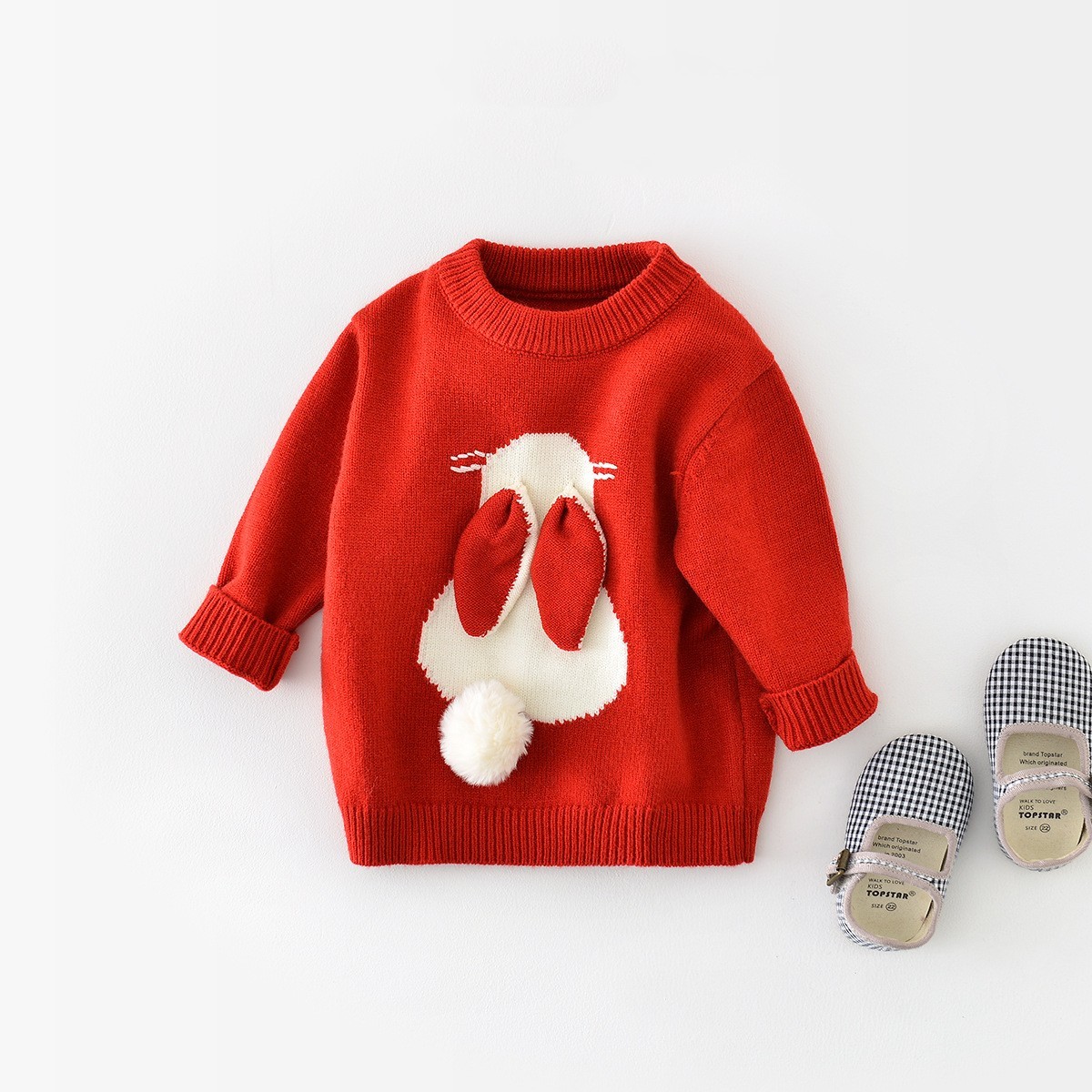 Baby Girl Red 3D Rabbit Design Long Sleeve Knitted Romper-kissminis