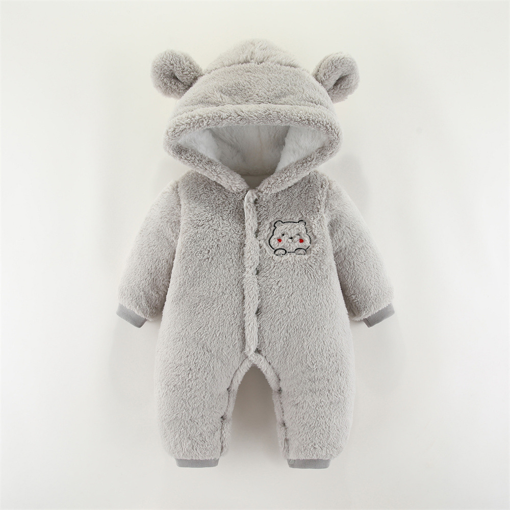 Baby Boy/Girl Winter Thicken Bear Patch Long Sleeve Fluff Hooded Romper-kissminis