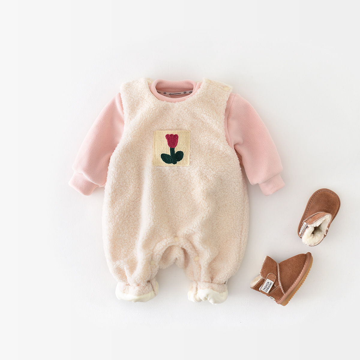 2pcs Winter Thicken Baby Girl Solid Color Floral Pattern Overalls Romper and Sweatshirt Set-kissminis