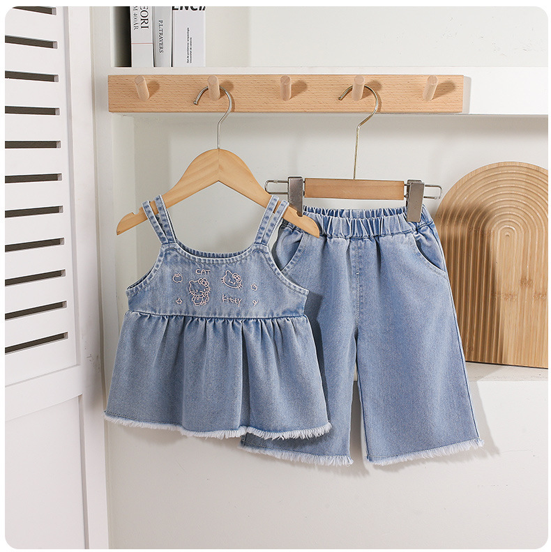 Denim Spaghetti - strap Ruffled Top Embroidery and Denim Culottes Set