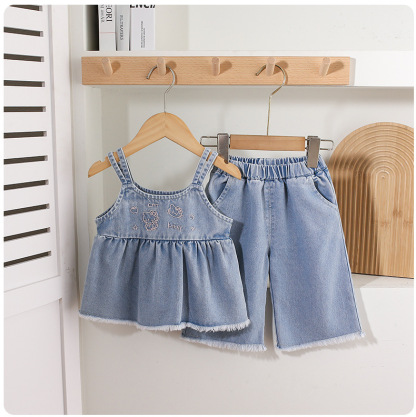 Denim Spaghetti - strap Ruffled Top Embroidery and Denim Culottes Set