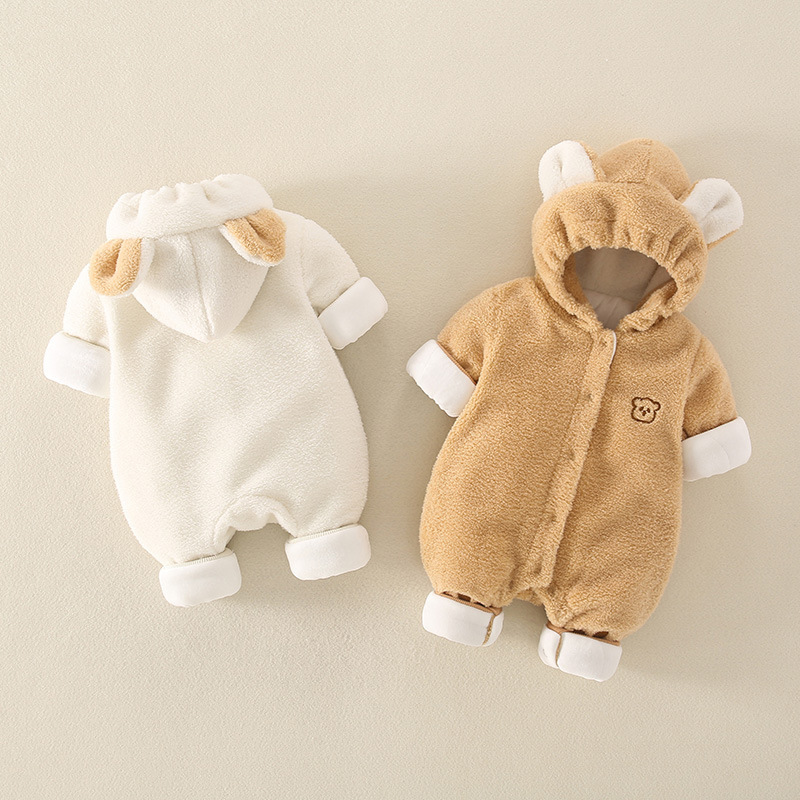 Baby Boy/Girl Winter Bear and Arch Patch Long Sleeve Thicken Hooded Fluff Romper-kissminis