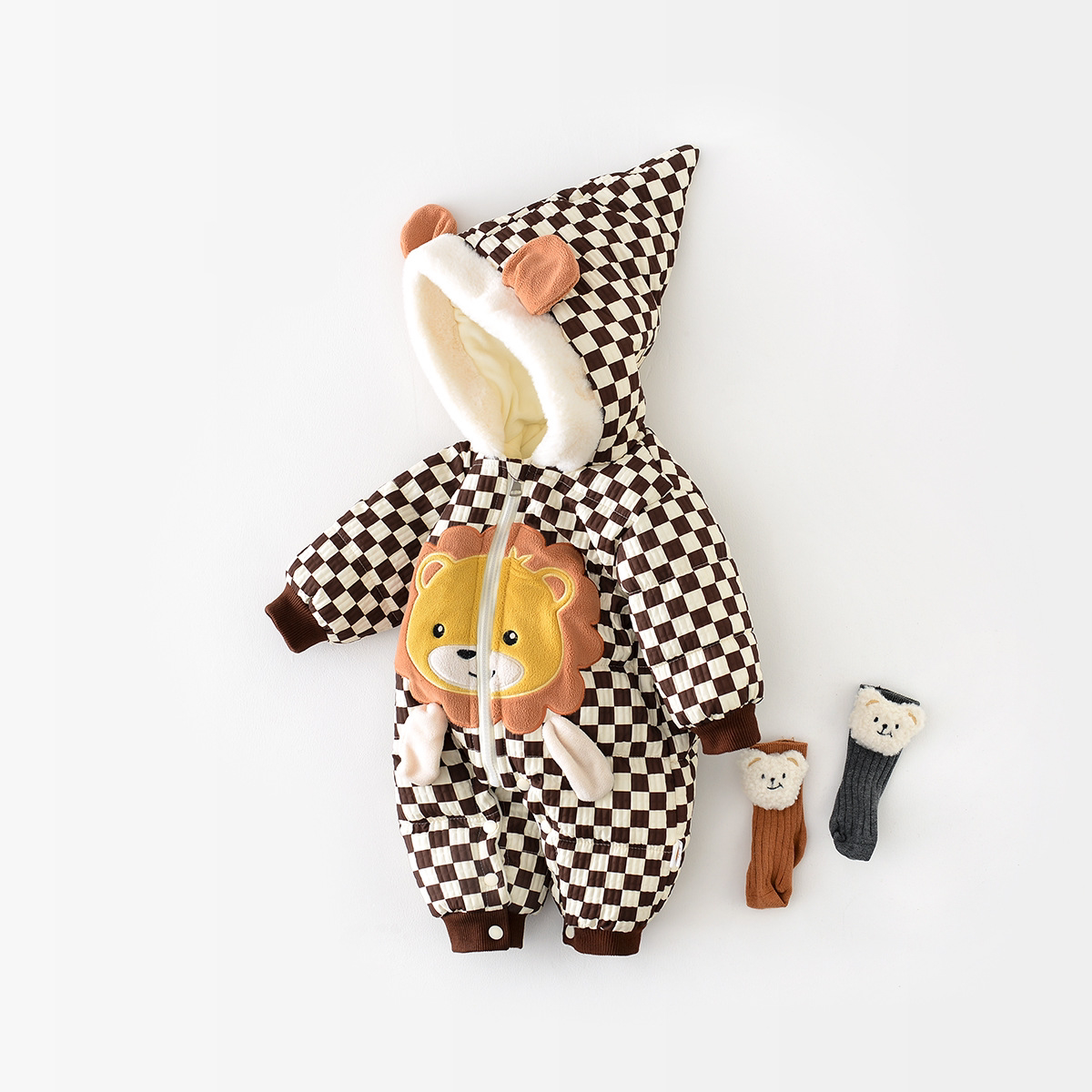 Baby Boy Winter Thicken Plaid Lion Graphic Long Sleeve Romper-kissminis