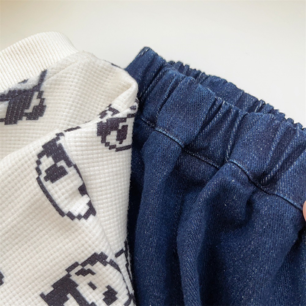 Baby Boy Panda Print Long Sleeve Cardigan with Denim Pants Set-kissminis