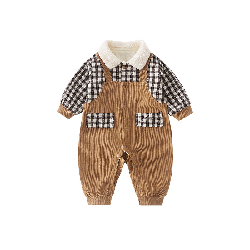 Baby Boy Winter Thicken Plaid Collar Long Sleeve Romper-kissminis