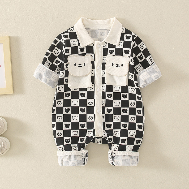 Baby Boy/Girl Gingham White Black Bear Graphic Long Sleeve Romper-kissminis