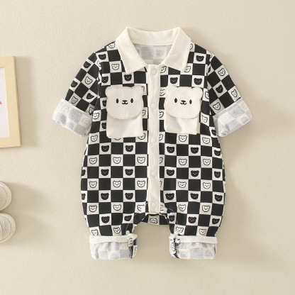Baby Boy/Girl Gingham White Black Bear Graphic Long Sleeve Romper-kissminis