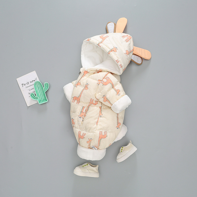 Baby Boy/Girl Winter Thicken Allover Giraffe Pattern and Ear Design Hooded Romper-kissminis