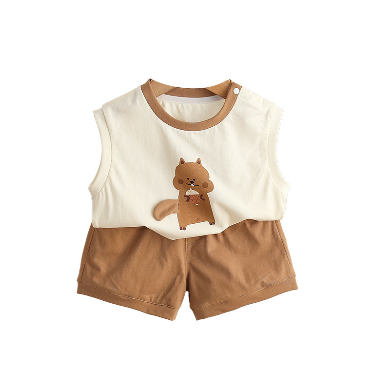 Sleeveless White Top with Squirrel Print and Brown Shorts Set