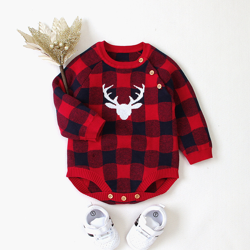 Baby Boy/Girl Christmas Style Elk Pattern Knitted Plaid Long Sleeve Bodysuit-kissminis