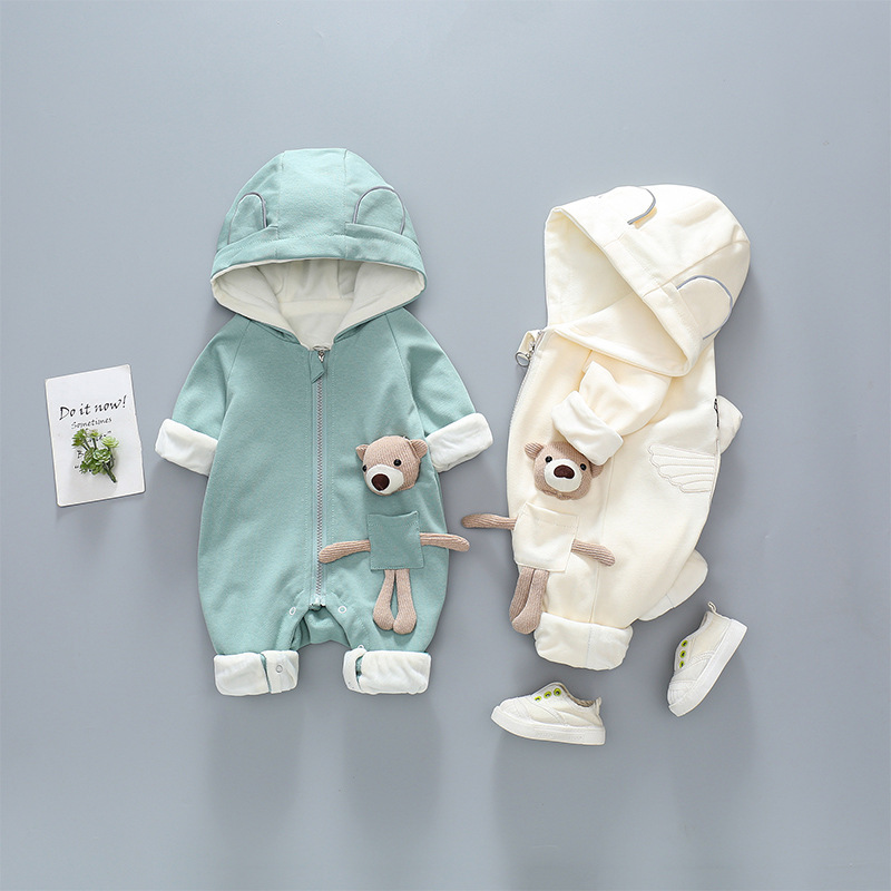 Baby Winter Bear Toy Design Hooded Fluff Romper-kissminis