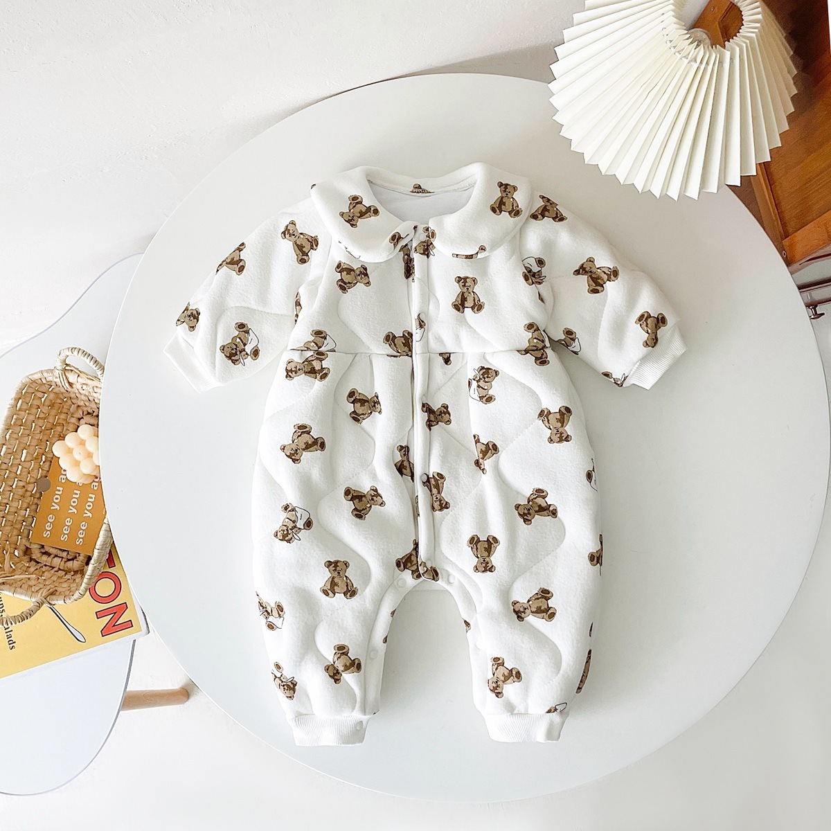 Baby Boy/Girl Allover Cute Bear Pattern Thicken Long Sleeve Romper-kissminis