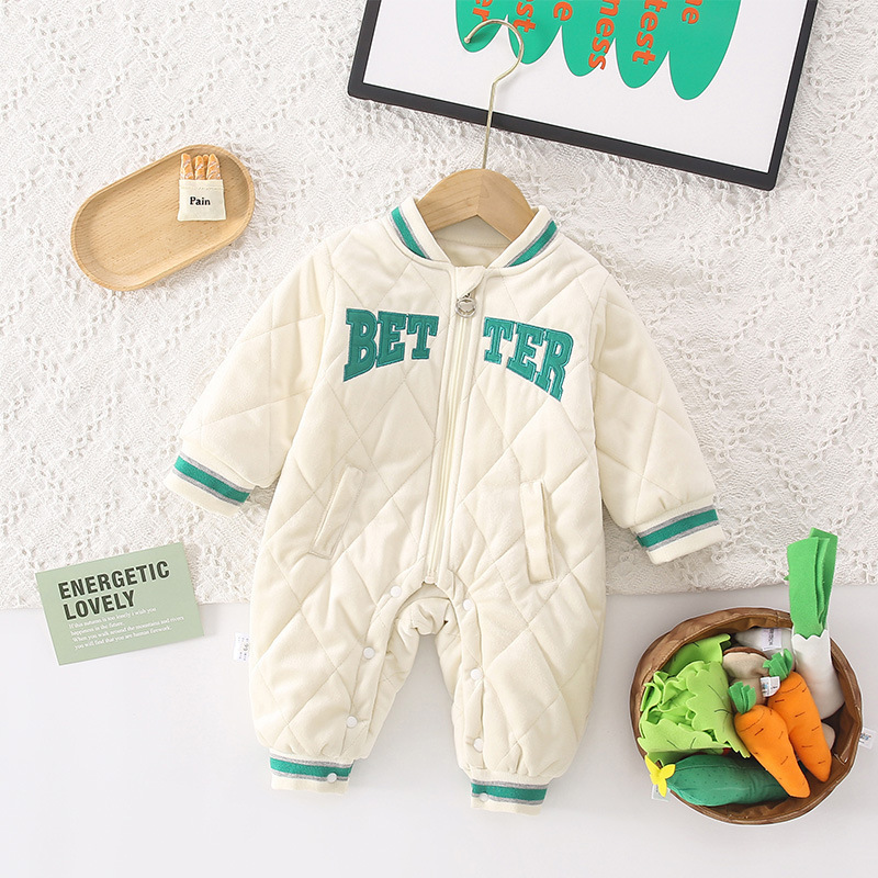 Baby Boy/Girl Letter Embroidery Long Sleeve Fluff Zipper Romper-kissminis
