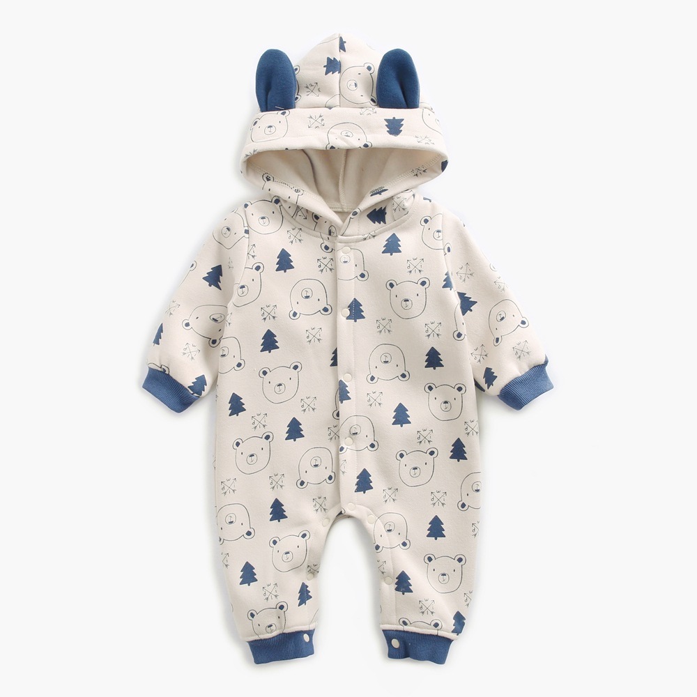 Baby Boy Allover Animal Pattern Thicken Long Sleeve Hooded Romper-kissminis