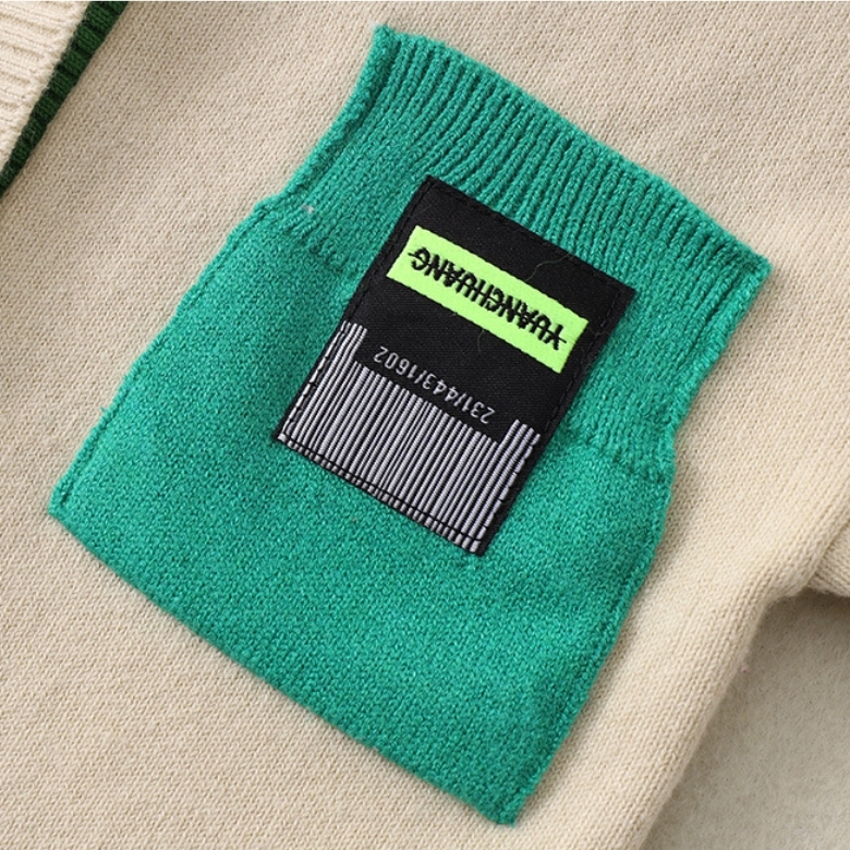 Baby Boy Bar Code Patch Block Color Long Sleeve Knitted Coat-kissminis