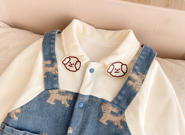 Baby Boy Allover Cute Puppy Pattern Single Breasted Fake Two Pieces Long Sleeve Romper-kissminis