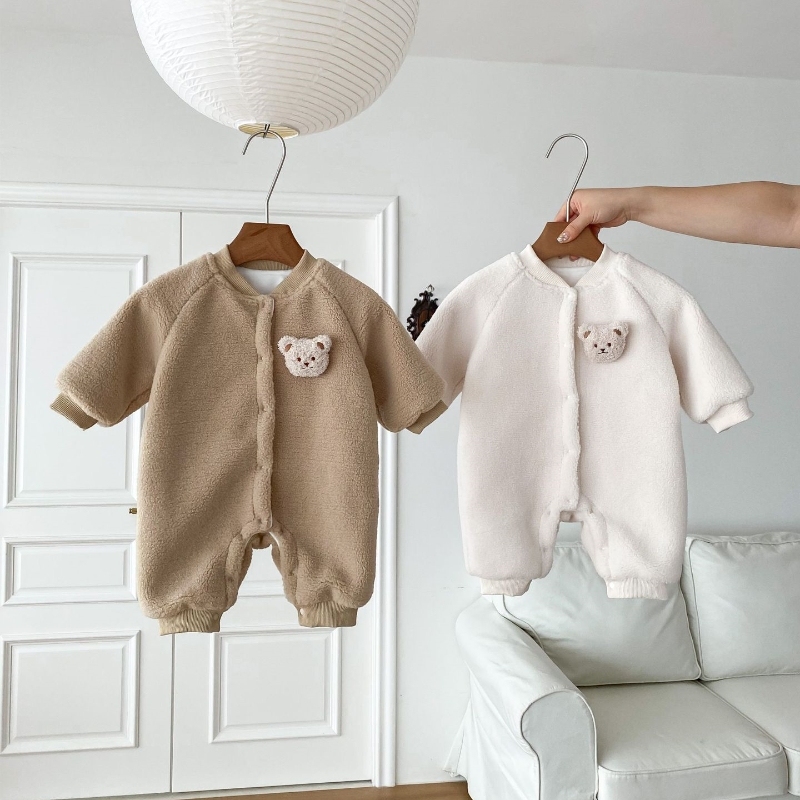 Winter FleeceBaby Boy/Girl Bear Design Solid Color Long Sleeve Romper-kissminis