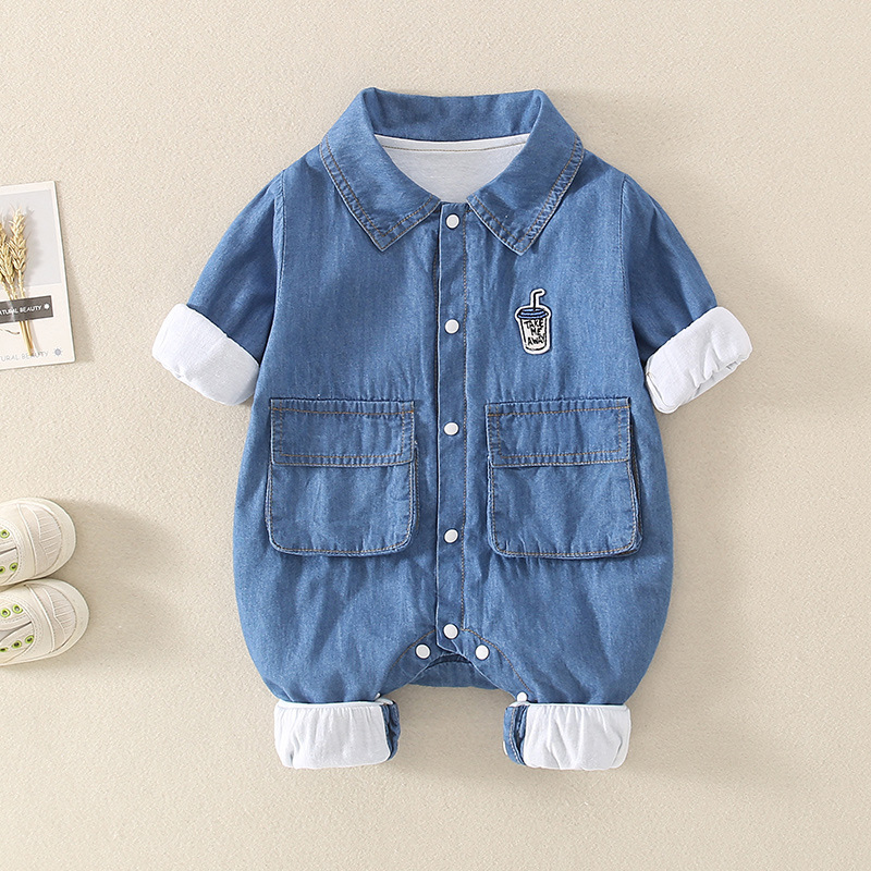 Baby Cartoon Graphic Denim Polo Collar Romper-kissminis