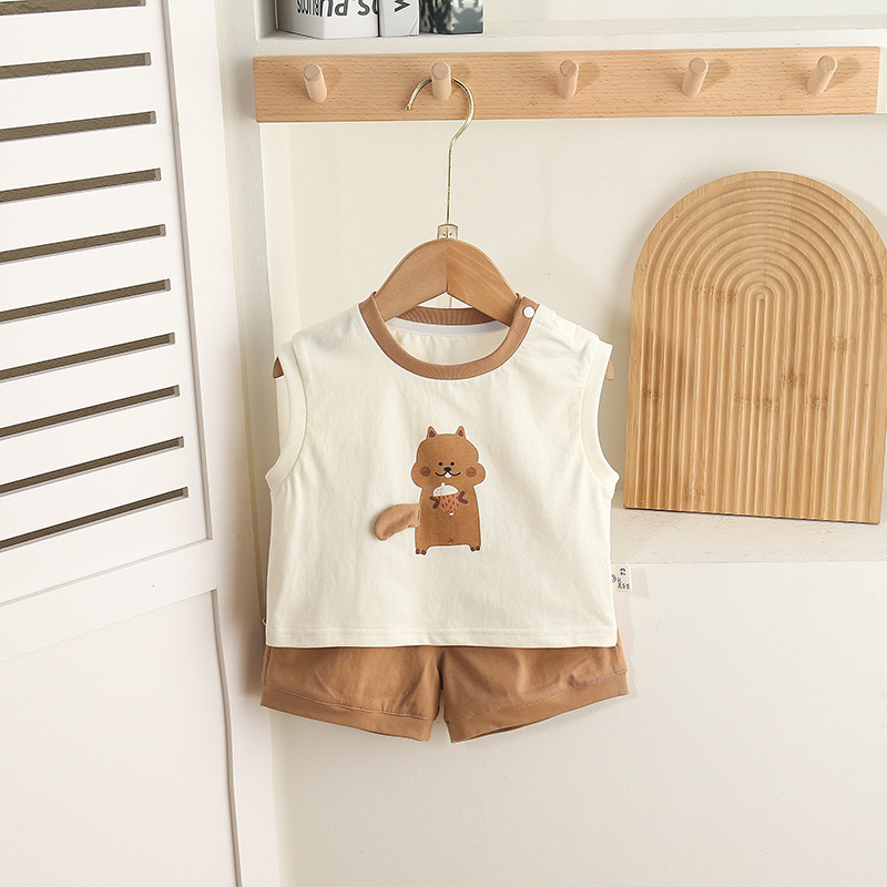Sleeveless White Top with Squirrel Print and Brown Shorts Set