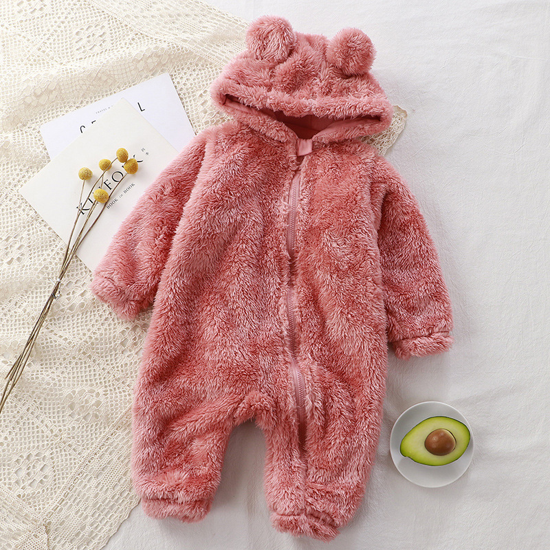 Baby Boy/Girl Cute Bear Ears Design Solid Color Fluff Long Sleeve Hooded Romper-kissminis