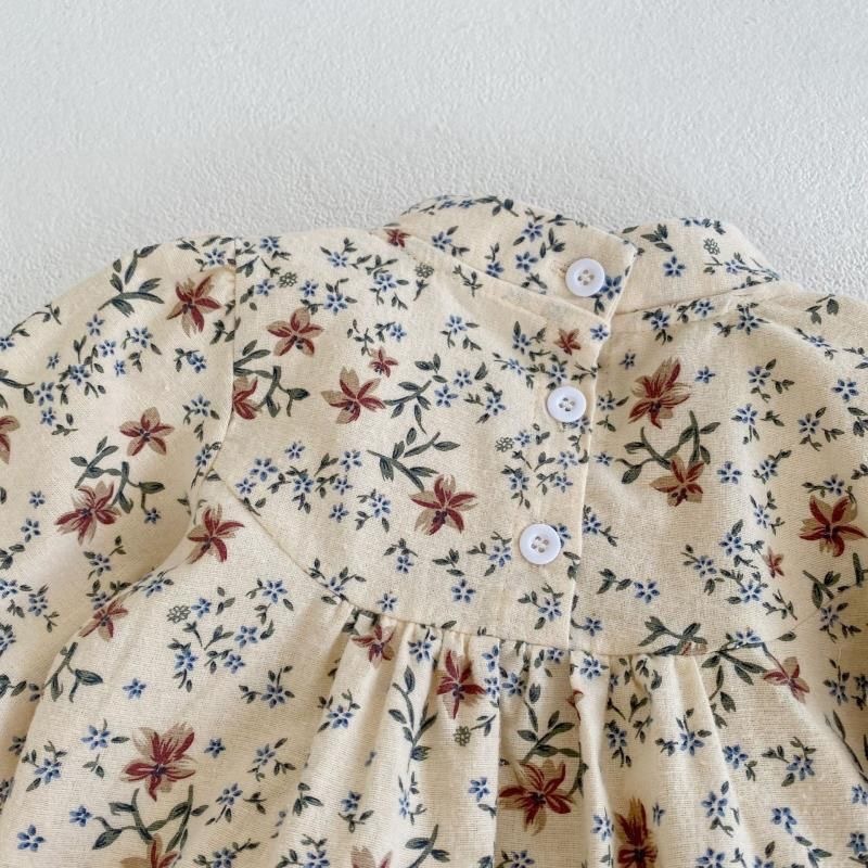 Baby Girl Cheongsam Buckle Overall Floral Puff-sleeve Long Sleeve Simple and Fresh Bodysuit