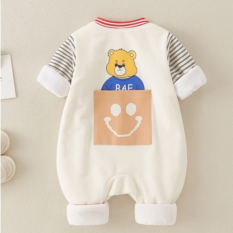 Baby Boy/Girl Bear Print Striped Splicing Long Sleeve Romper-kissminis