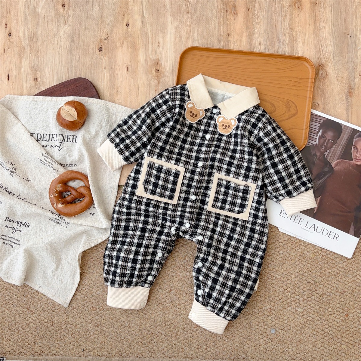 Bear-shaped Collar Decorations Gingham Romper