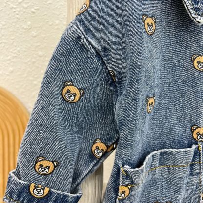 Baby Boy Allover Bear Print Polo Collar Pocket Decor Long Sleeve Botton Up Casual Denim Romper
