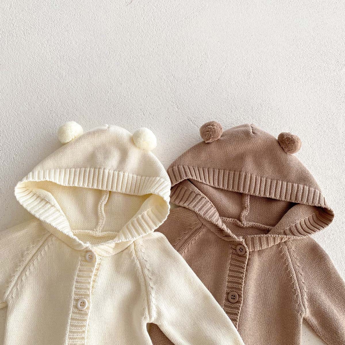 Baby Boy/Girl Cute Bear Design Solid Color Knitted Long Sleeve Bodysuit-kissminis