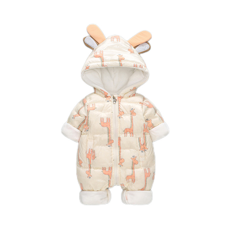 Baby Boy/Girl Winter Thicken Allover Giraffe Pattern and Ear Design Hooded Romper-kissminis