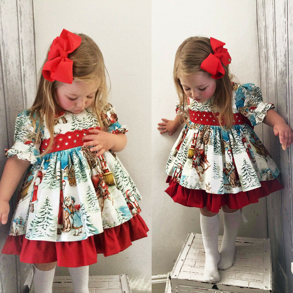 Baby Toddler Girl Christmas Cartoon Print Bowknot Short Sleeve Dress-kissminis