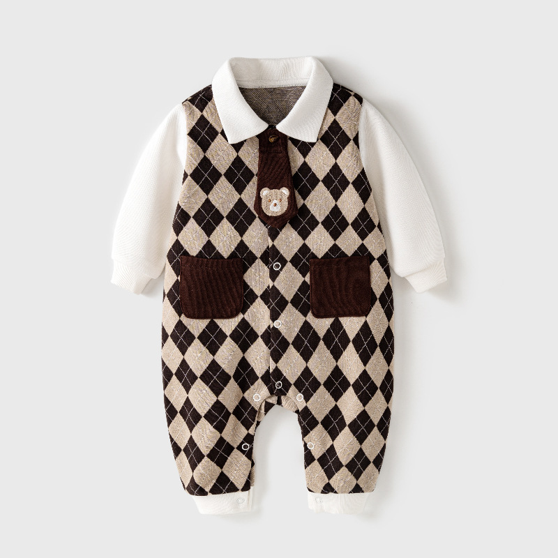 Baby Boy Removable Tie Bear Plaid Long Sleeve Romper-kissminis